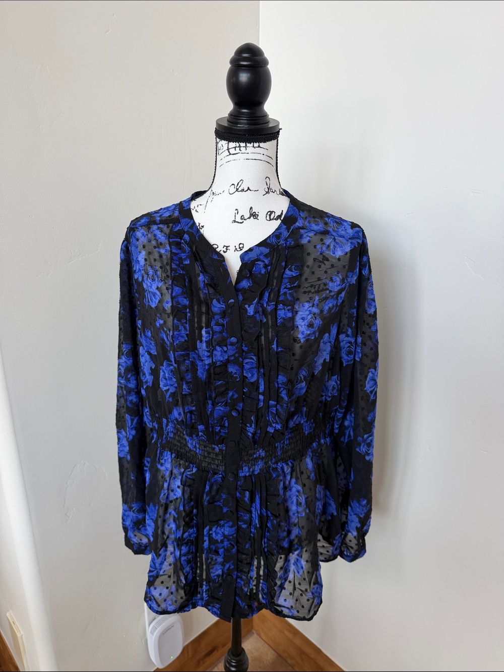 torrid Black and Royal Blue Floral Smocked Peasant Blouse